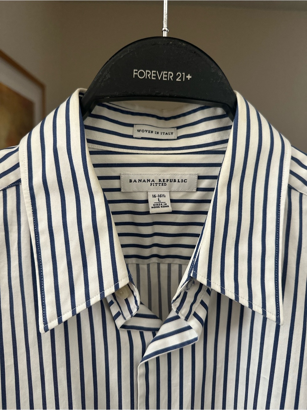 Banana Republic Fitted White Dress Shirt with Navy Vertical Stripes